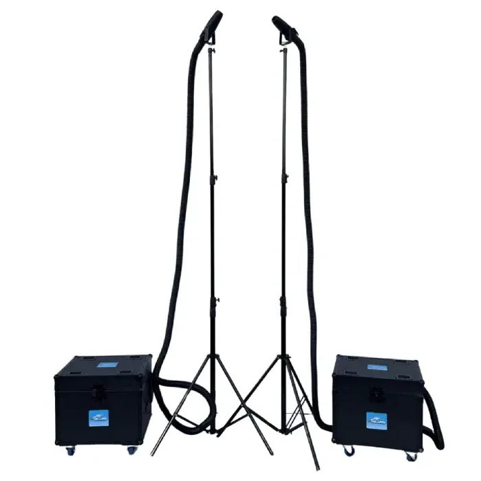 Two black portable machines with long flexible hoses attached to tall adjustable stands, each ending in a nozzle—ideal for industrial use or snow machine rental. The wheeled machines ensure mobility and efficient setup in any location. | hilltop foam parties