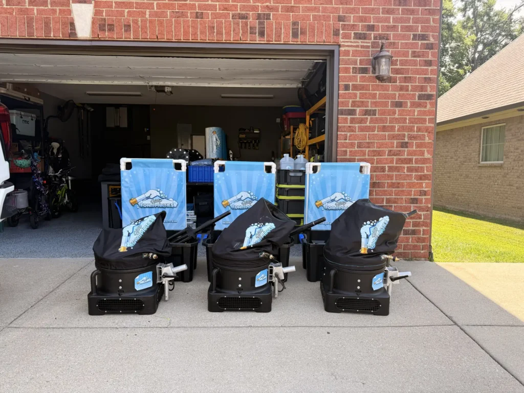 Three Hilltop foam machines lined up for a foam machine rental pickup in Spring Hill, TN